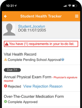 Mobile online form submission for parents UI screenshot