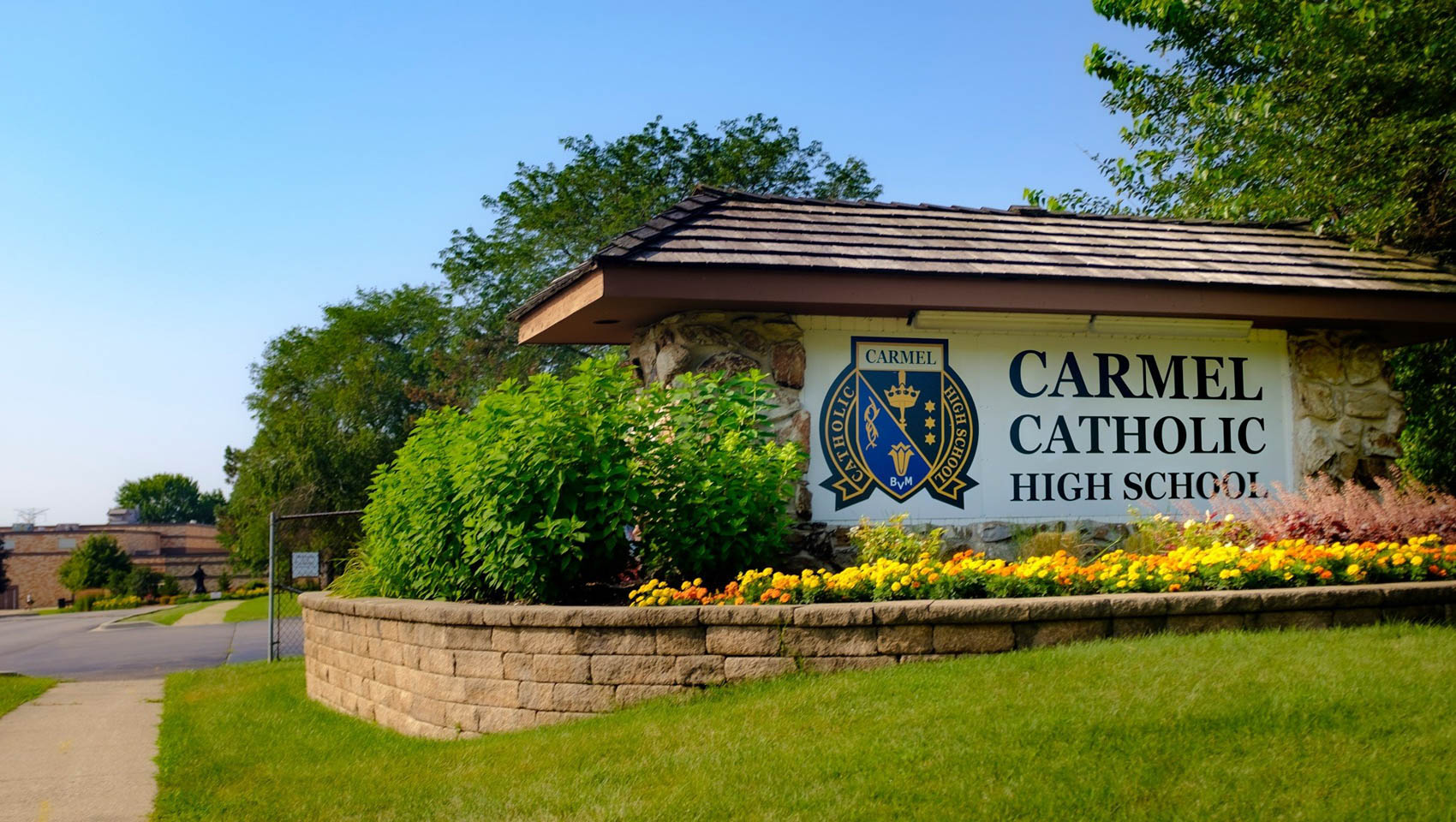 Carmel Catholic High School sign on campus