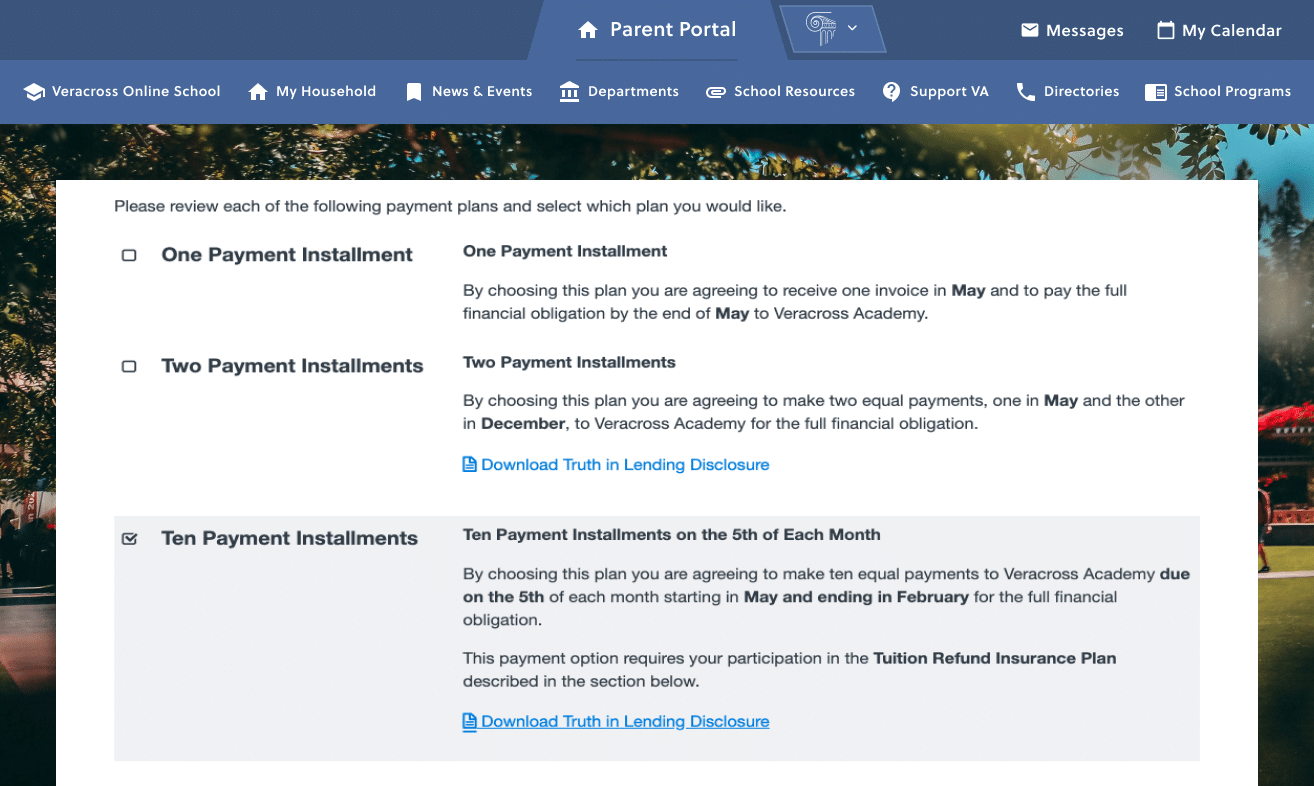 Manage tuition UI screenshot