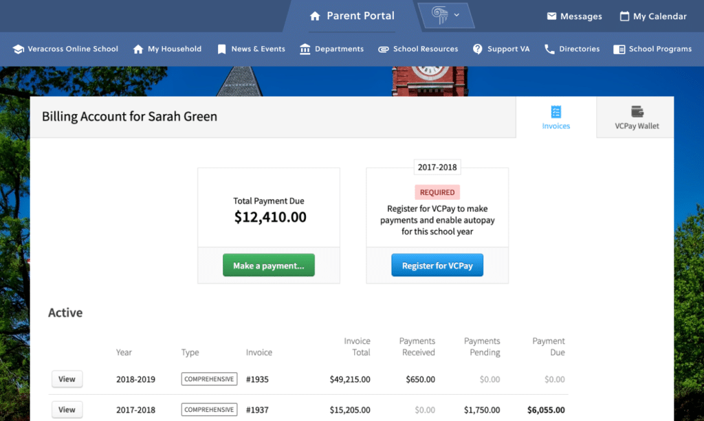 Simplify student billing UI screenshot