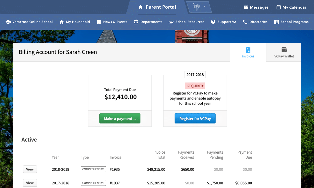 Simplify student billing UI screenshot