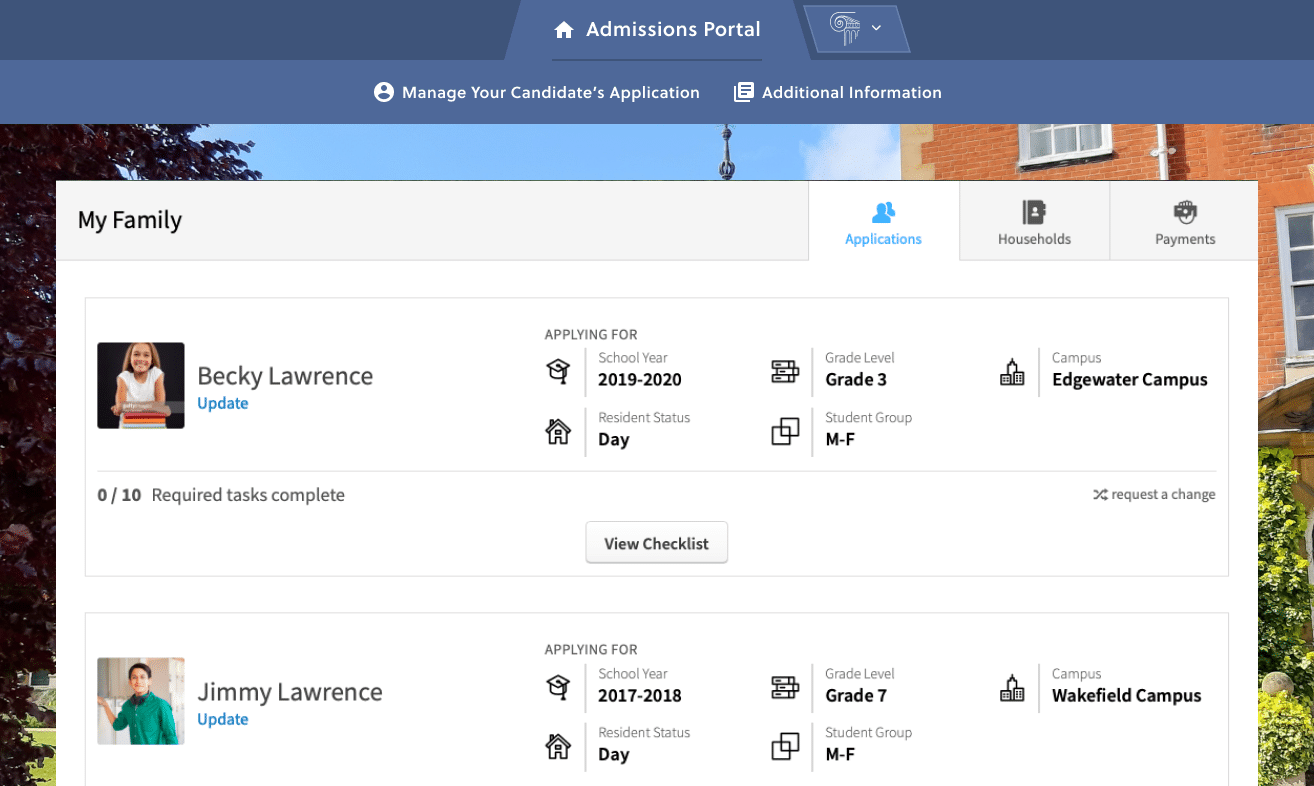 Admissions and Enrollment UI screenshot