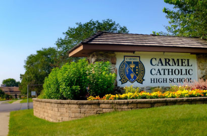 Carmel Catholic High School sign on campus